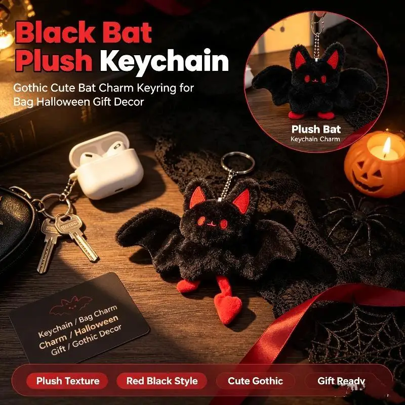 Soft Fluffy Black Plush Bat Keychain Cute Red Accent Perfect Halloween Gift Bag Accessory