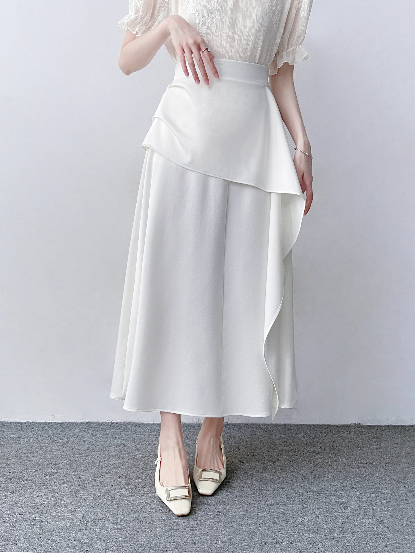 Elegant White High Waist A-Line Midi Skirt Women's Design Sensation Half-length Skirts Korean Style Breathable Skin-friendly