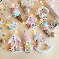 New Christmas Cute Pink Pendant Ice Cream Cone House Snowman Glitter Xmas Tree Hanging Ornament Festival Party Home Decoration