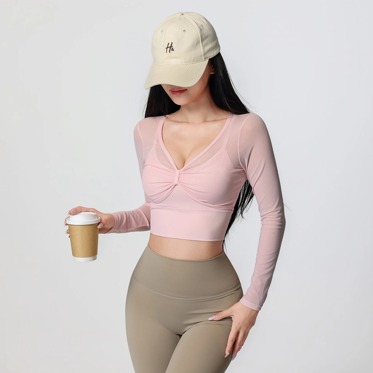 Damen Mesh Langarm Crop Yoga Top V-Ausschnitt mit Twist-Front Eingebauter BH Schnelltrocknend Atmungsaktiv Workout Laufshirt