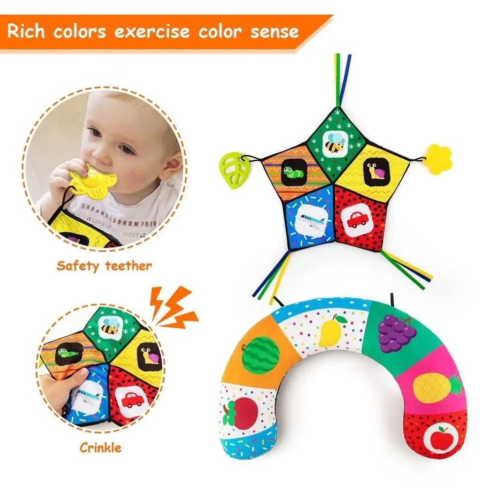 Travesseiro para barriga de bebê em forma de U com mordedores de espelho com tapete enrugado para barriga, preto e branco de alto contraste