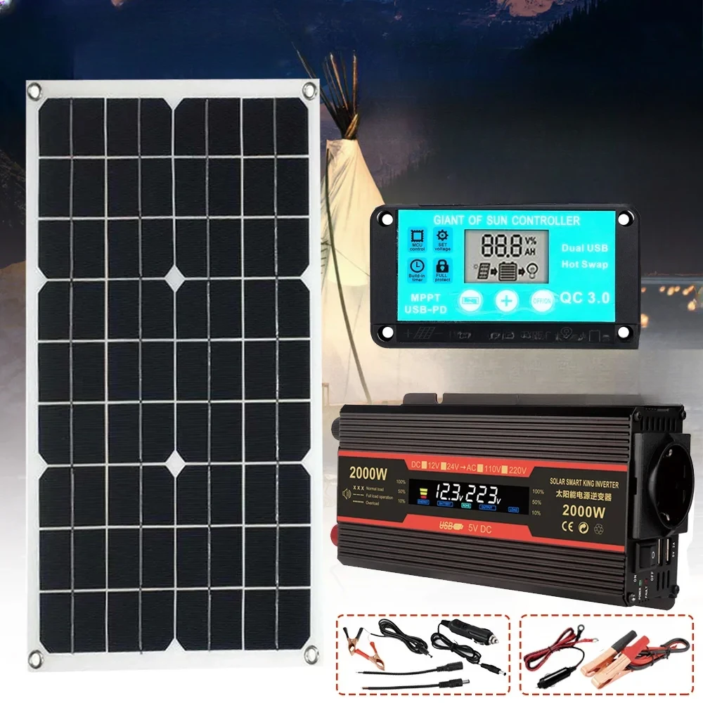 Power Generation Systemfor  2000W Power Inverter with Smart LCD Display Dual USB 12V To 220V with 30/100A Solar Controller Set