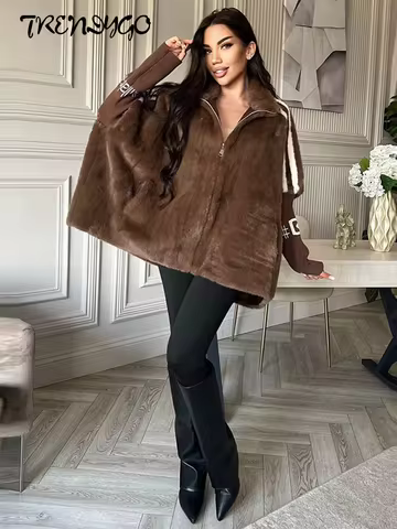 Hooded Patchwork Zipper Oversized Bomber Jacket Women Elegant  Furry Full Sleeve Loose Fitting Autumn Winter Coats New Outerwear