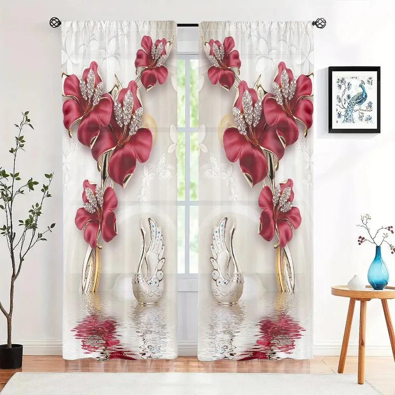 2 pieces, beautiful flower swan print semi blackout curtains - pole pockets - bedroom, living room, and other home decorations