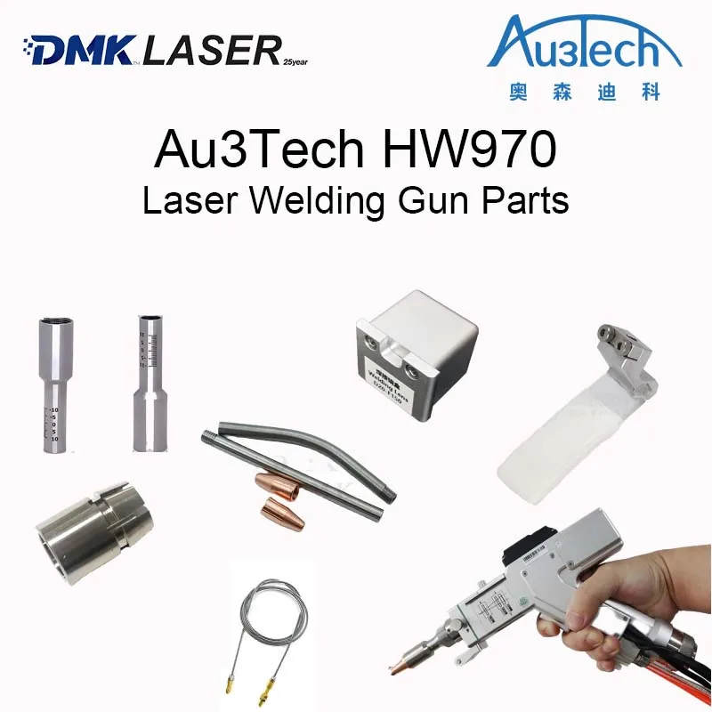 Części do pistoletu spawalniczego laserowego AU3TECH HW970: soczewka kolimująca/fokuserująca, pierścień dociskowy nakrętki, dysza, soczewka ochronna, akcesoria do głowicy HW970