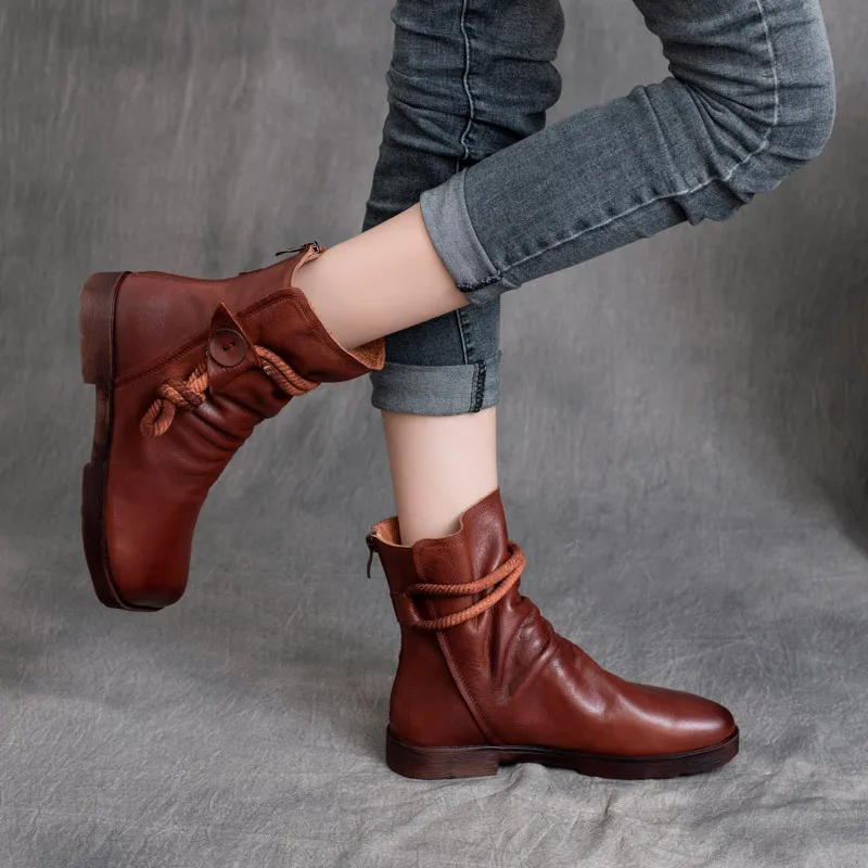 Birkuir Retro Ankle Boots For Women Flats Heel Genuine Leather Back Zippers Luxury Shoes Elegant Short Boots 2024 Ladies Boots