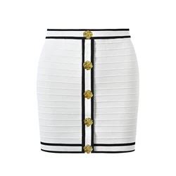 SML Three Colors High Quality Elastic Knitted Fabric Flower Button Single breasted Stripe Slim Fit Fashion Women's Short Skirt