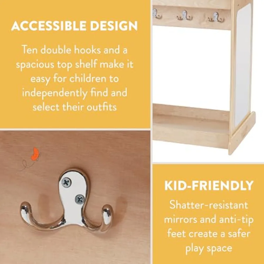 Double-Sided Toddler Dress-Up Island with Mirror Clothes Rack for Interactive Playroom Fun Natural Wood Finish with Durable Sto