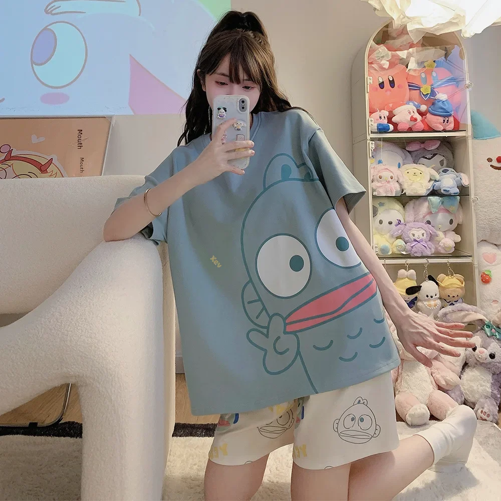 Hanton Ugly Fish Pajamas Women's Summer Loose-fit Short Sleeve Shorts Cute Cartoon Homewear 2-piece Set For Students