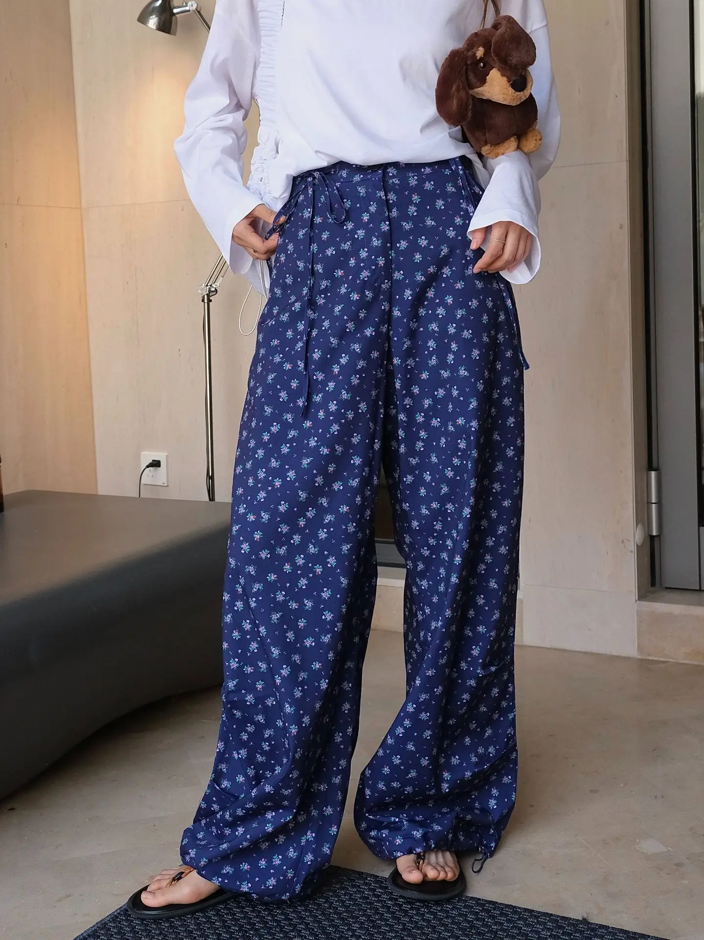Summer women\'s casual printed high waisted loose wide leg pants