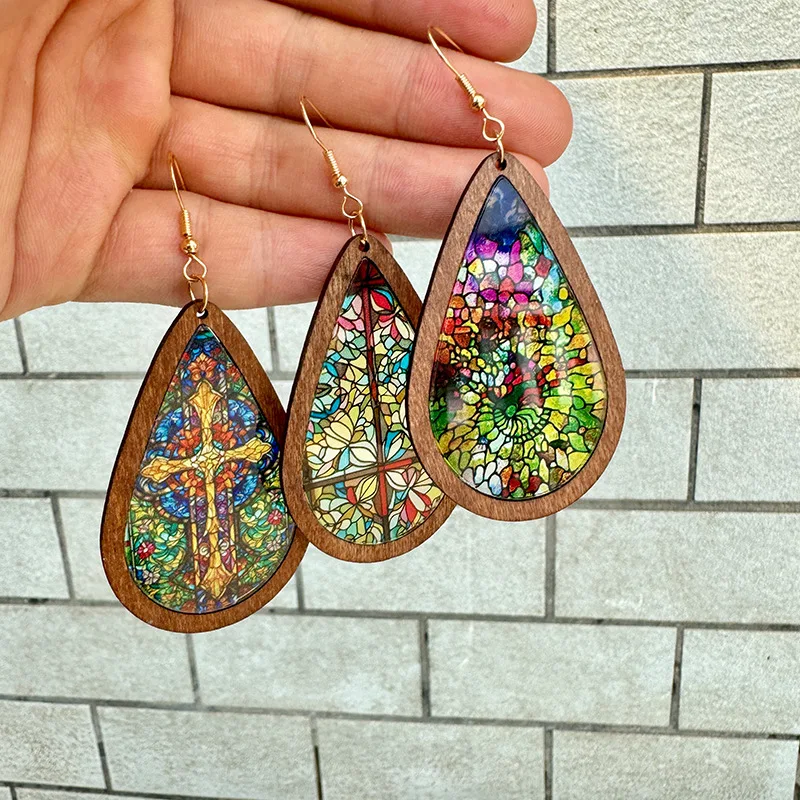 New Fashion Drop-shaped Wood Earrings Acrylic Church Colorful Printing Texture Translucent For Women Vintaeg Gothic Jewelry