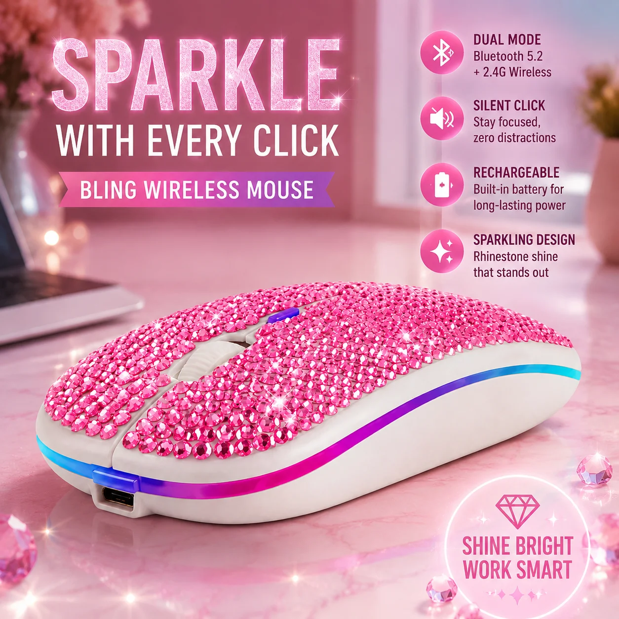 Wireless Dual-Mode Rechargeable Crystal Rhinestone Optical Mouse Office Silent Click Ergonomic Mouse For Gril/Gift For PC Laptop