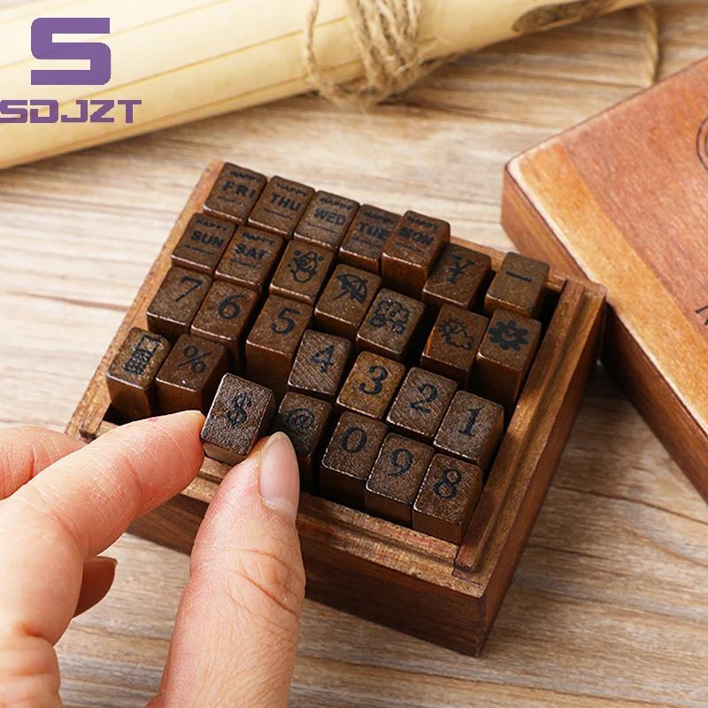 

28Pcs Alphabet Stamps Vintage Wooden Rubber Letter Standard Stamp Set For Craft Card Making Planner Scrapbooking Journals