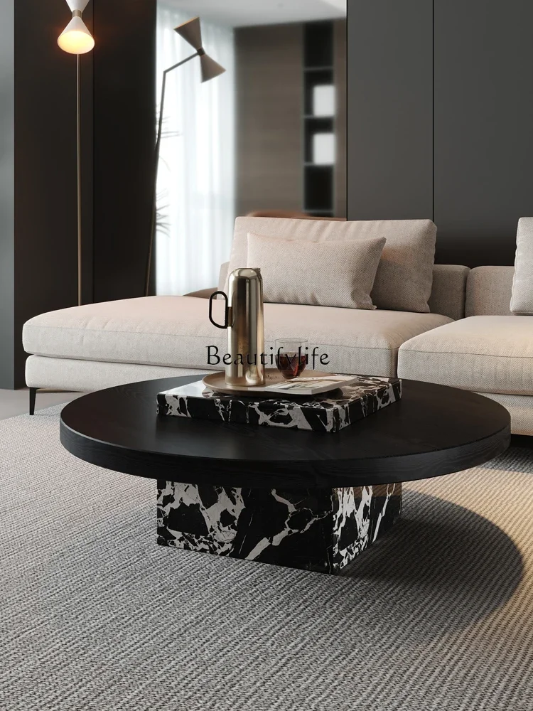 

ld 30Mid-Ancient Coffee Table Black round Solid Wood Marble round Coffee Table Living Room Small Apartment Furniture