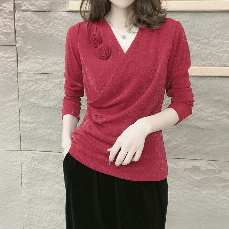 

Women's Clothing Autumn Sexy Flower Ruched Elegant Basic T-shirts Fashion Bright Silk Long Sleeve Slim Pullover Tops