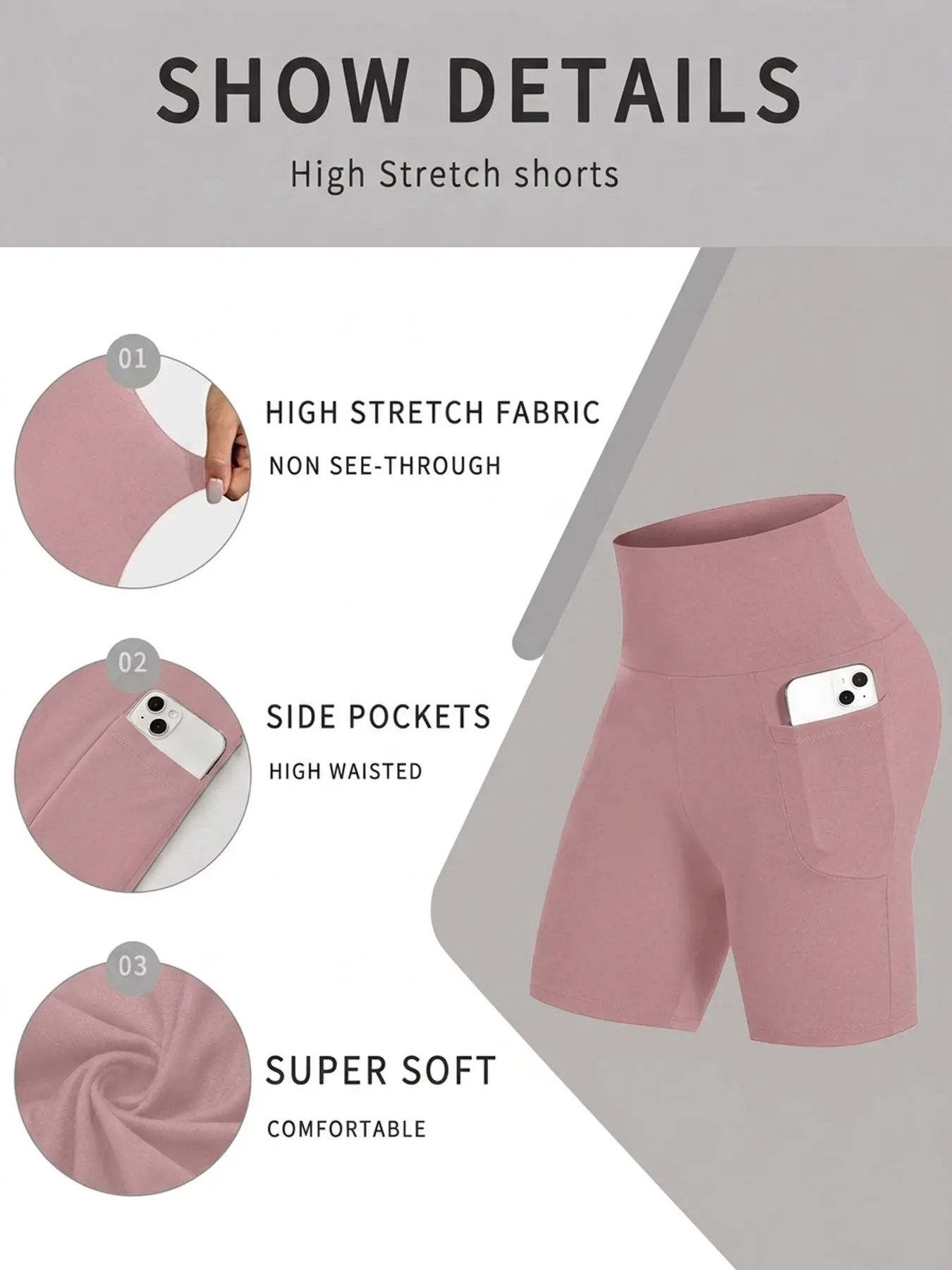 Damen Biker-Shorts mit Taschen, hoher Bund, superweich, blickdicht, Bauchkontrolle, für Laufen und Yoga – Detail 4