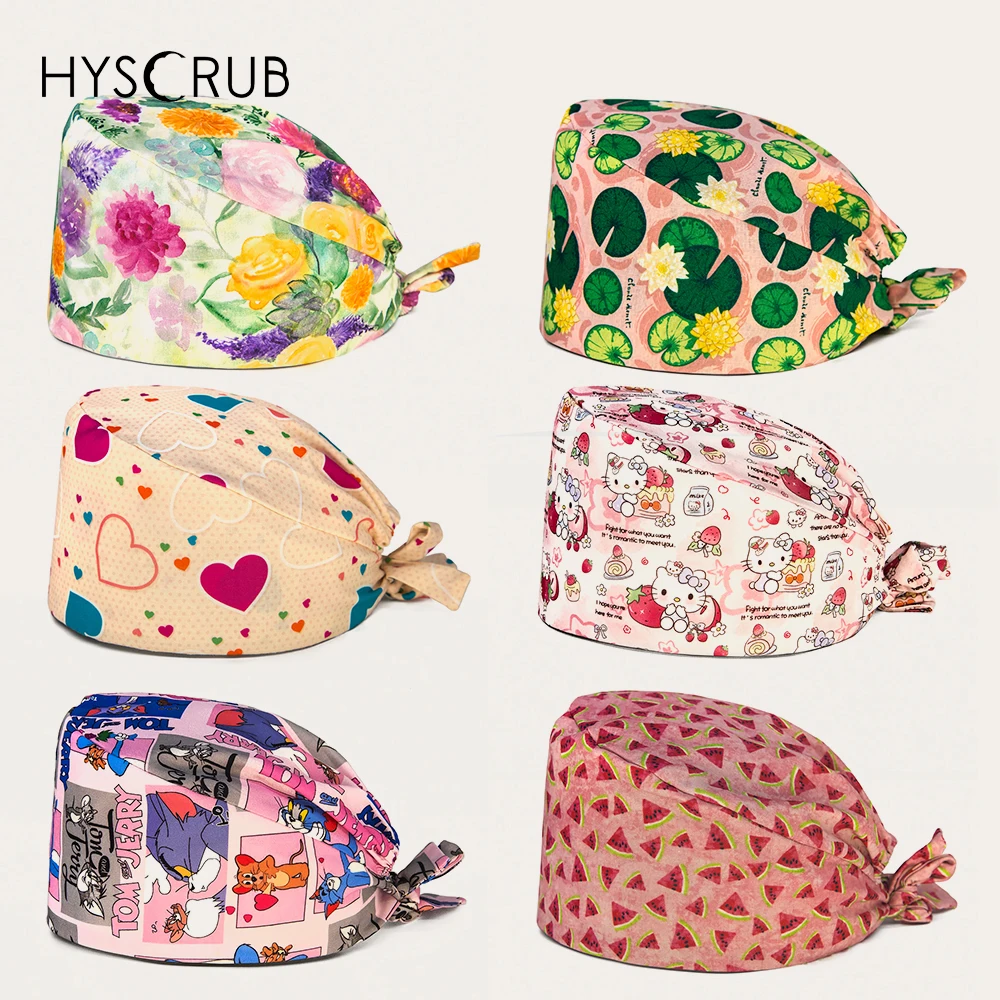Pink Printed Women's Surgical Hat Breathable Scrub Cap Medical Working Caps Nursing Accessories