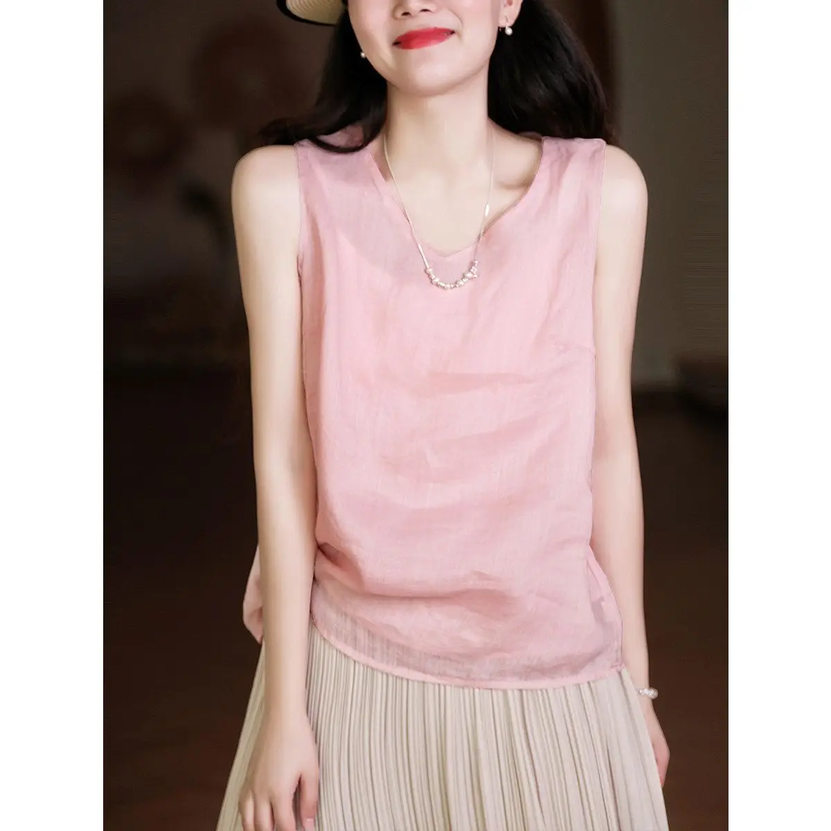 Pink Sleeveless V Neck Loose Linen Blend Top for Women Summer Casual Beach Wear Lightweight Breathable Short Crop Tank Top