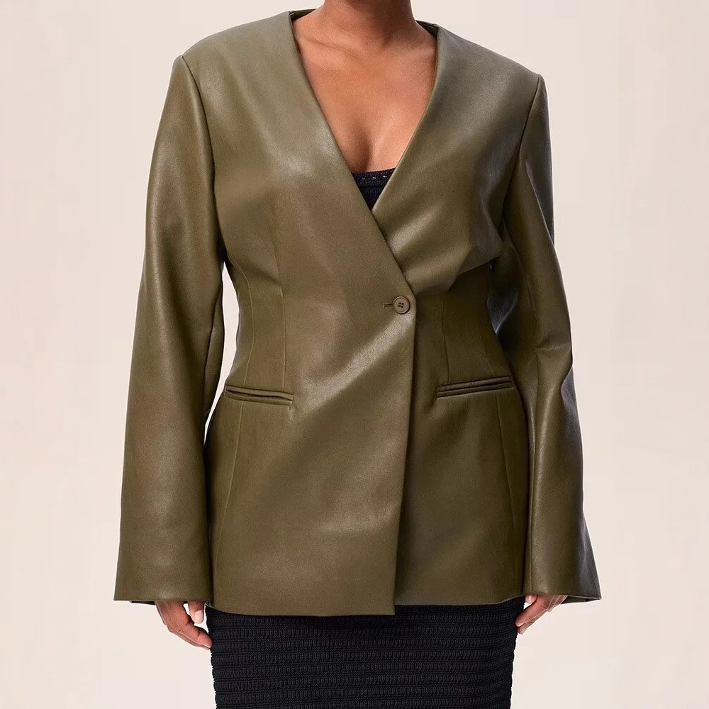 

Reteo Autumn Women's Leather Jacket V-Neck One Button Cinched Waist Pockets Female's Outwear Commuting High Street Coat For Lady