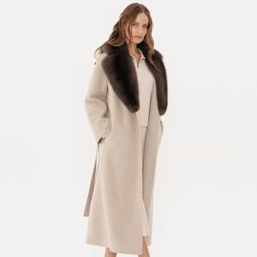 เสื้อโค้ทขนสัตว์ฤดูหนาวสำหรับผู้หญิง ปกขนสุนัขจิ้งจอกแท้ สีดำ ยาว เสื้อโค้ทขนสัตว์แท้สำหรับผู้หญิง