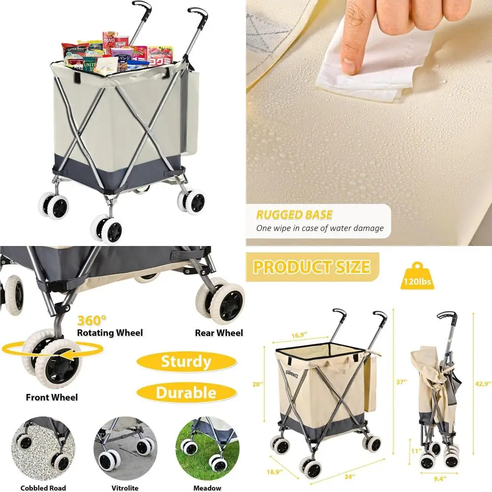 

Прочная холщовая тележка для покупок с поворотом на 360 градусов ° Поворотные колеса, водонепроницаемый съемный вкладыш, выдерживает 120 фунтов.