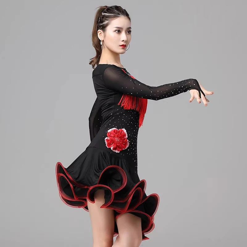 

Женское платье для латиноамериканских танцев, костюм для бальных выступлений, соревнований по румбе и сальсе, сексуальное платье с бахромой и кисточками для групповых танцев