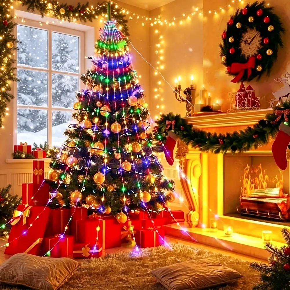 LED Christmas Tree Decorations Lights USB Waterfall Lights Quick Hang Ring Fairy Lamp for New Year Xmas Tree Decor