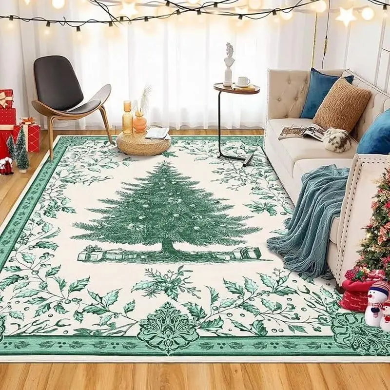 VIKAMA Vintage Christmas Tree Area Rug Red Floral Vine Border Pattern Non Slip Living Room Carpet Xmas Floor Mat Bedroom Dining