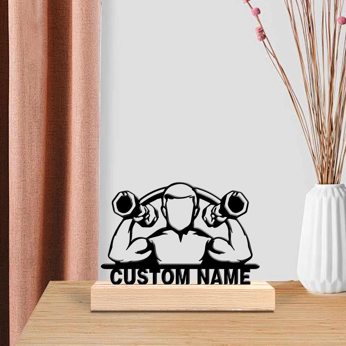 1PC Customizable Personalized Fitness Dumbbell Sculpture Wooden Base Tabletop Decor Bohemian Eclectic Style for Living Room