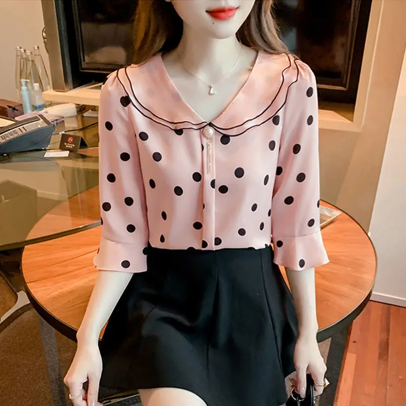 Sweet Peter Pan Collar Printed Flare Sleeve Polka Dot Blouse Women Clothing 2023 Summer New Oversized Casual Tops Beading Shirt