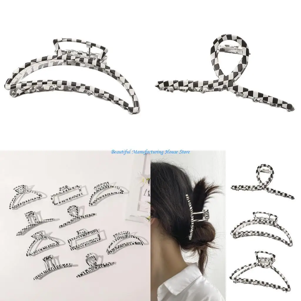 

E56A Non-Slip Alloy Stripe Hair Claws Vintage Plaid Catch Barrette Hollow Out Ponytail Holder Strong Hold Hair Jaw Clip