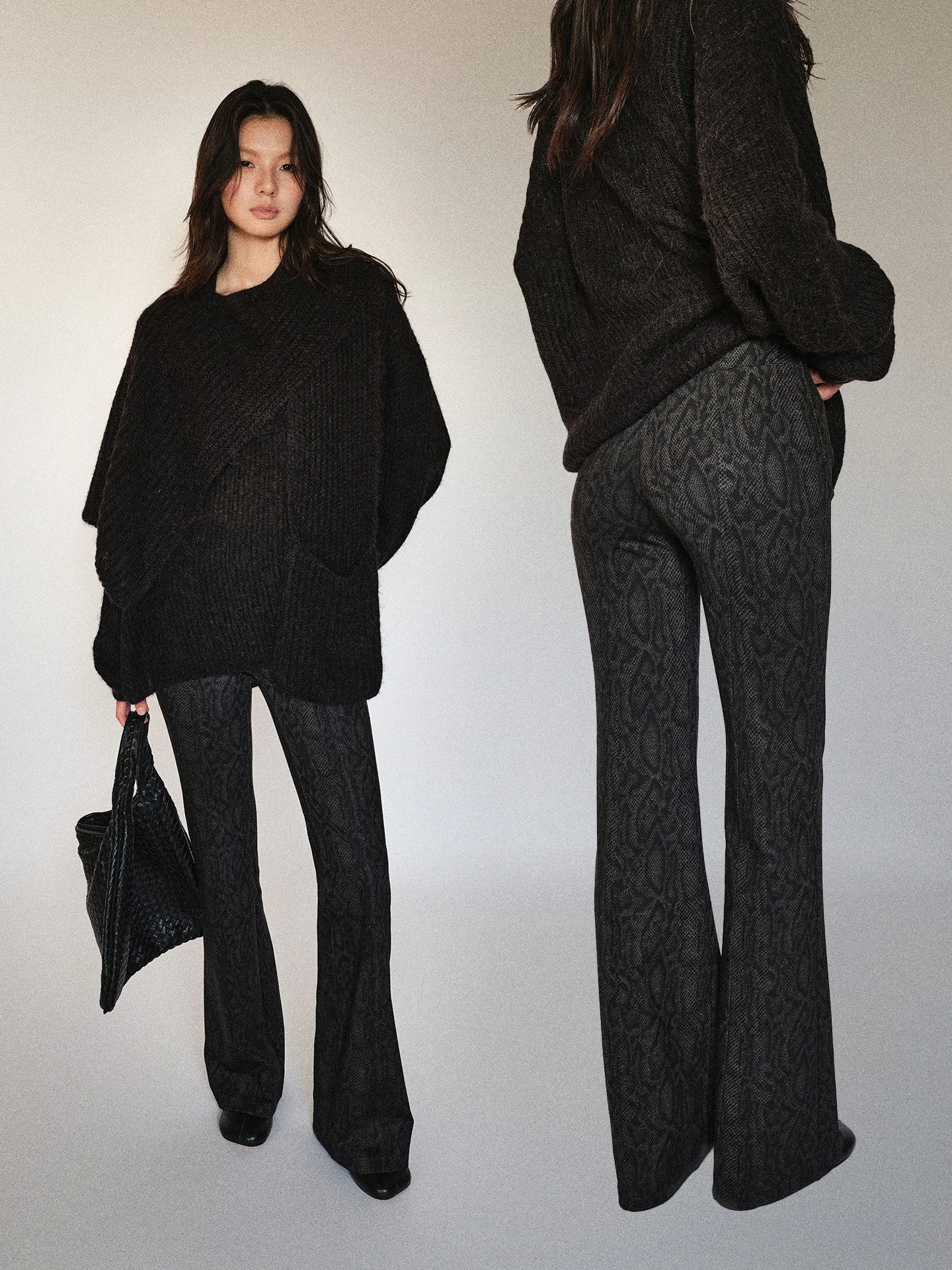 

Slim Fit Knitted Nine-Tenths Bell Bot Pants mid Waist Casual Trousers Snake Skin Pattern Classic Bla And Other Colors