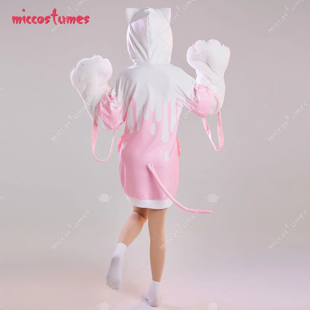 Women Short Sleep Dress with Detachable Furry Paw Gloves Kawaii Milk Strawberry Loungewear Hooded Homewear Kigurumi Sleepwear