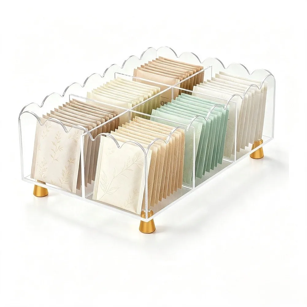 Clear Tea Bag Organizer With 6 Compartments Gold Feet Storage Box For Kitchen Counter Home Decor Display Easel