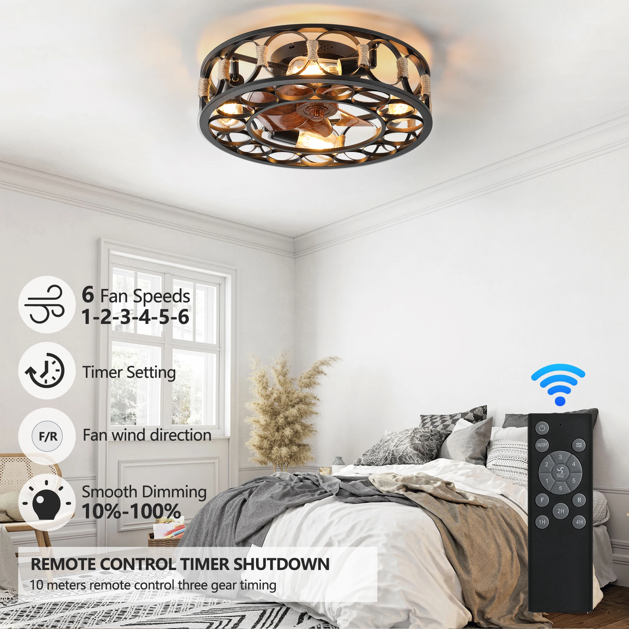 Black Caged Ceiling Fan with Lights Remote Control, Farmhouse Ceiling fans, 6 Speeds Reversible Blades, 5 Bulbs Include