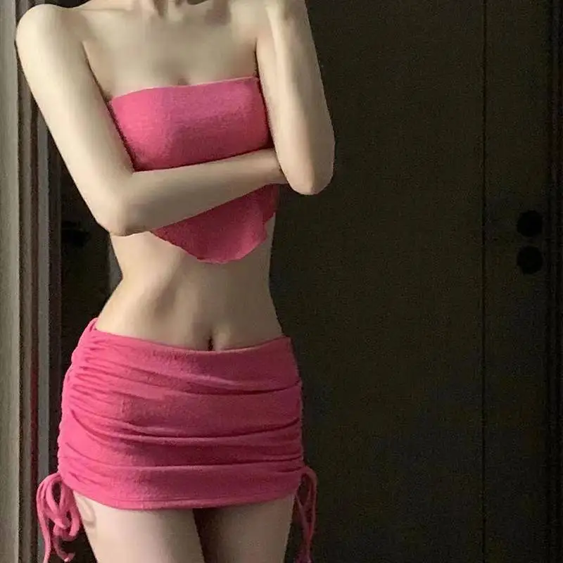 2024 Women Bandeau String Sexy Push Up Sleeveless Swimwear Two-Piece Swimsuit Korean Style Beach Wear Bikini Skirt Suit Dress