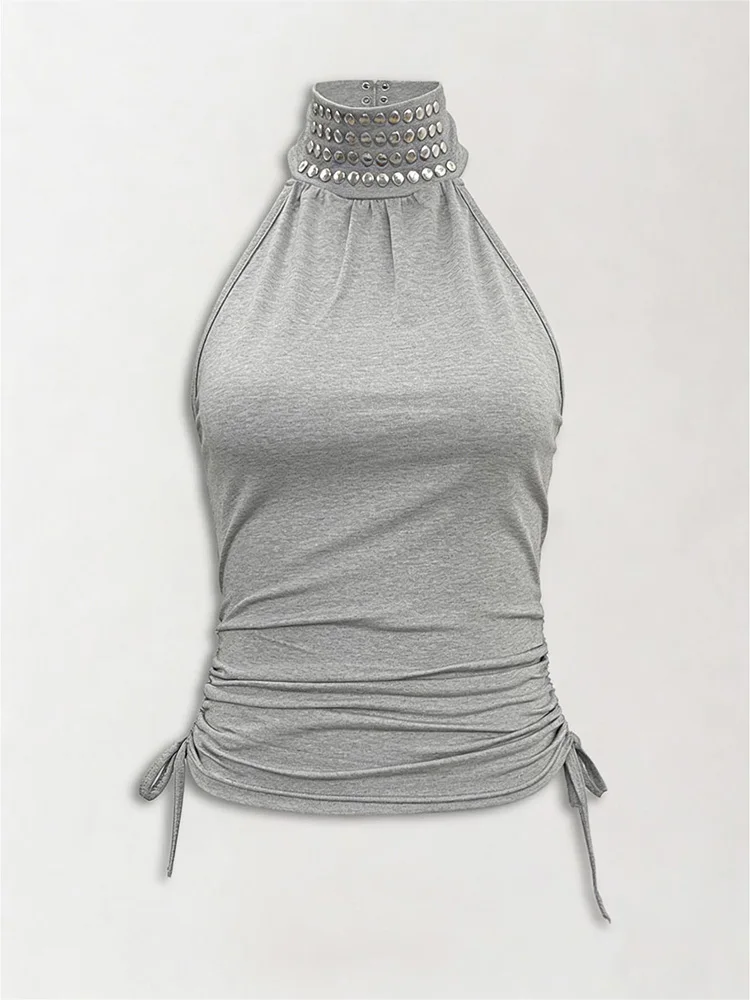 Sommer Damen Retro Millennium Party Nietenbesetztes High-Halter-Top mit seitlichem Kordelzug, gerafftes ärmelloses Bodycon Crop-Top – Detail 7