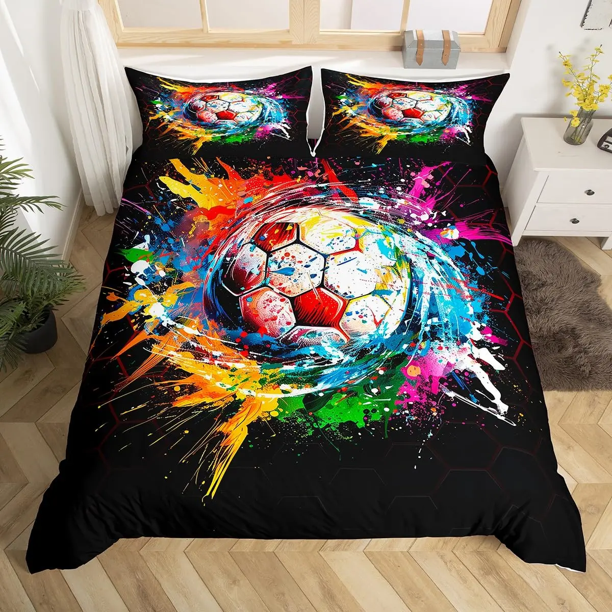 

Hockey Stadium Duvet Cover Ice Hockey Bedding Set Graffiti Hockey Player Comforter Cover Winter Ball Sports Event Quilt Cover