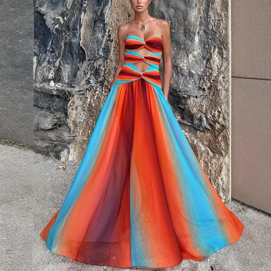 Vestido maxi feminino com corte de malha sem alças torcido frontal gradiente vestidos longos elegantes e fluidos vestido de praia pôr do sol