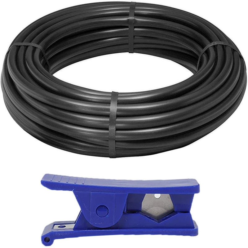 Tubo de irrigação de água, PE preto, tubulação de irrigação por gotejamento com diâmetro externo de 8 mm e diâmetro interno de 5 mm, com cortador de tubos azul para sistema de irrigação por gotejamento.