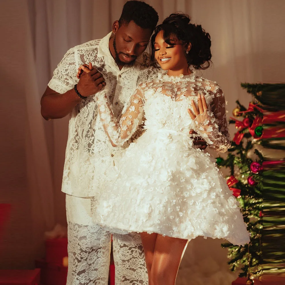 عيد الميلاد فستان الزفاف الرقبة العالية الزهور الصناعية الوهم طويلة الأكمام فستان الزفاف مشد الظهر فساتين الزفاف الضيوف #2