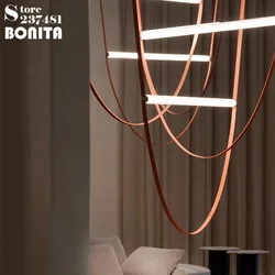 Postmodern LED Tube Chandelier with Leather Straps, Industrial Hanging Light for Loft Living Room & Restaurant Lighting