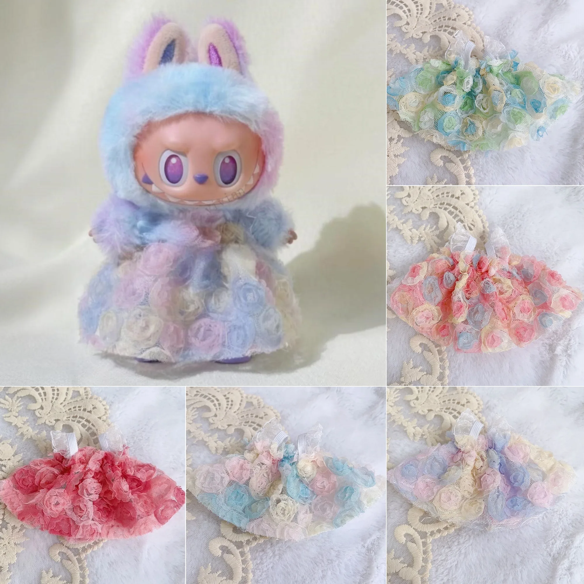 

17CM Pendant Labubu Doll 17cm Labubu Generation 1 2 and 3 Macaron Color System Doll Clothes Camisole Dress