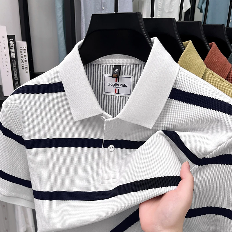 Light luxury striped short sleeve polo shirt fashion men's new summer high-quality business casual soft breathable comfort top