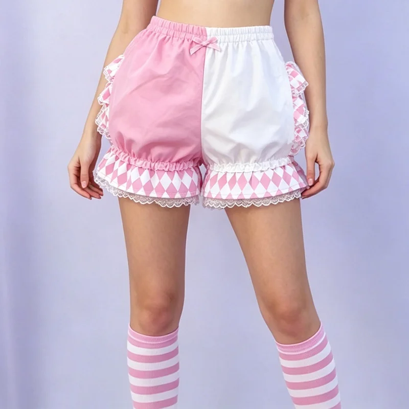 Women Tiered Ruffle Lolita Bloomers Kawaii Lace Trim Pumpkin Shorts Y2K Layered Pettipants Cosplay Frilly Safety Shorts