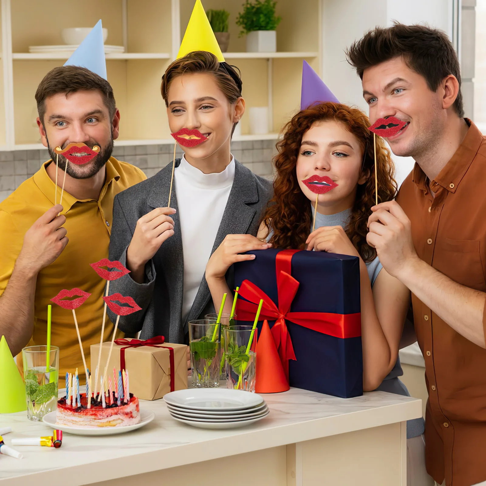 

20 Pcs Lips Photo Booth Props for Quinceanera Kiss on Stick Birthday Party