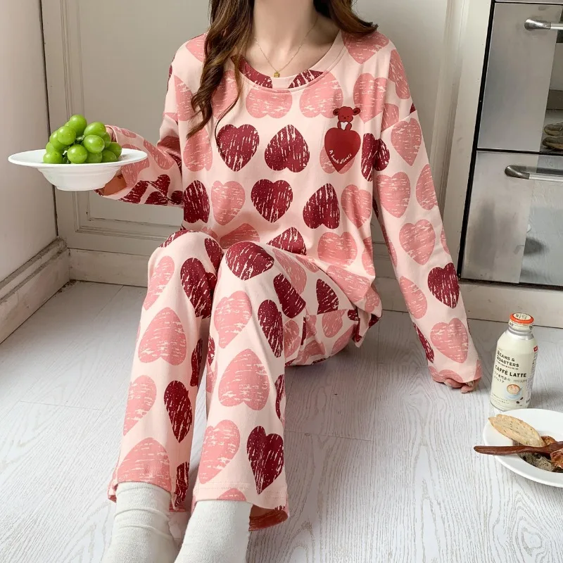 2024 New Pajamas Women's Spring Autumn Sweet Cute Long-Sleeved Home Wear Casual Suit Round Collar Loose Female Sleepwear Set