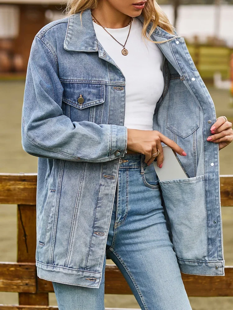 Benuynffy Womens Oversized Button Up Mid Long Jean Coat Spring Fall Distressed Casual Loose Boyfriend Denim Jacket with Pockets