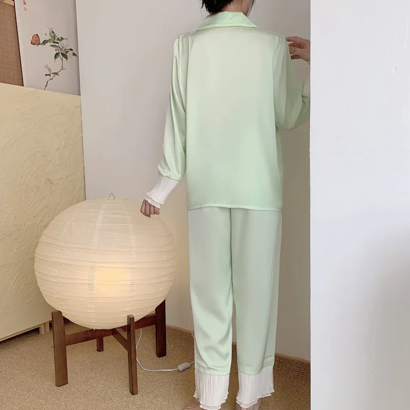 Spring Ruffles Cuff Pajamas Set Women 2PCS Shirt Trouser Pijamas Suit Rayon Sleepwear Home Wear Clothes