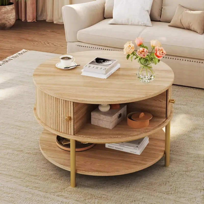 Modern 23.6 Inch Round Coffee Table with Storage Three Tier Small Side Table for Living Room